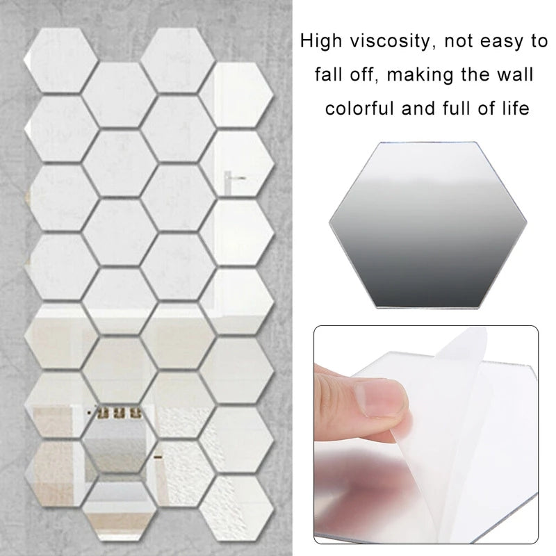 Hexagon Shape Mirror Wall Sticker Pack of 12 3x3 inches Silver